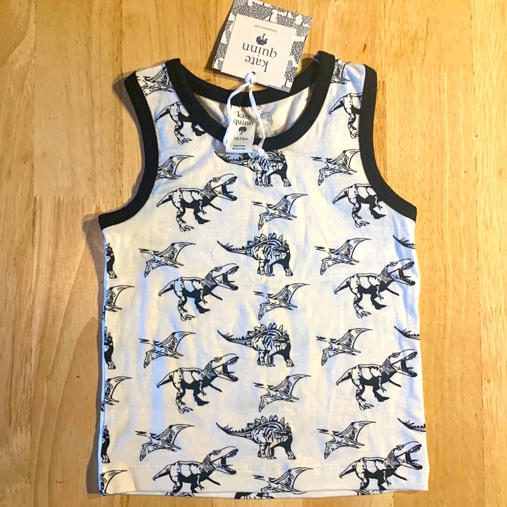 NEW Kate Quinn white black dinosaur lenzing modal racer back tank, Size 18-24m